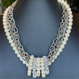 You & I Contemporary Multi Strand Silver Tone Chain & Faux Pearl Beaded Necklace